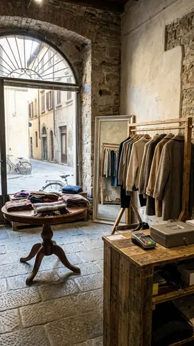 Photo of a boutique interior: clothes on rails, a round table, an arched window onto the street.