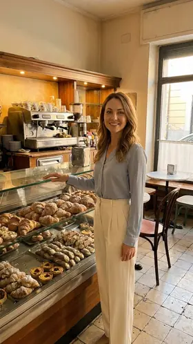 The same pastry shop with the virtual presenter beside the pastry display.
